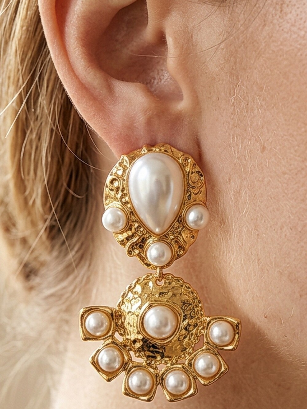 Gold and Pearl Drop Statement Earrings